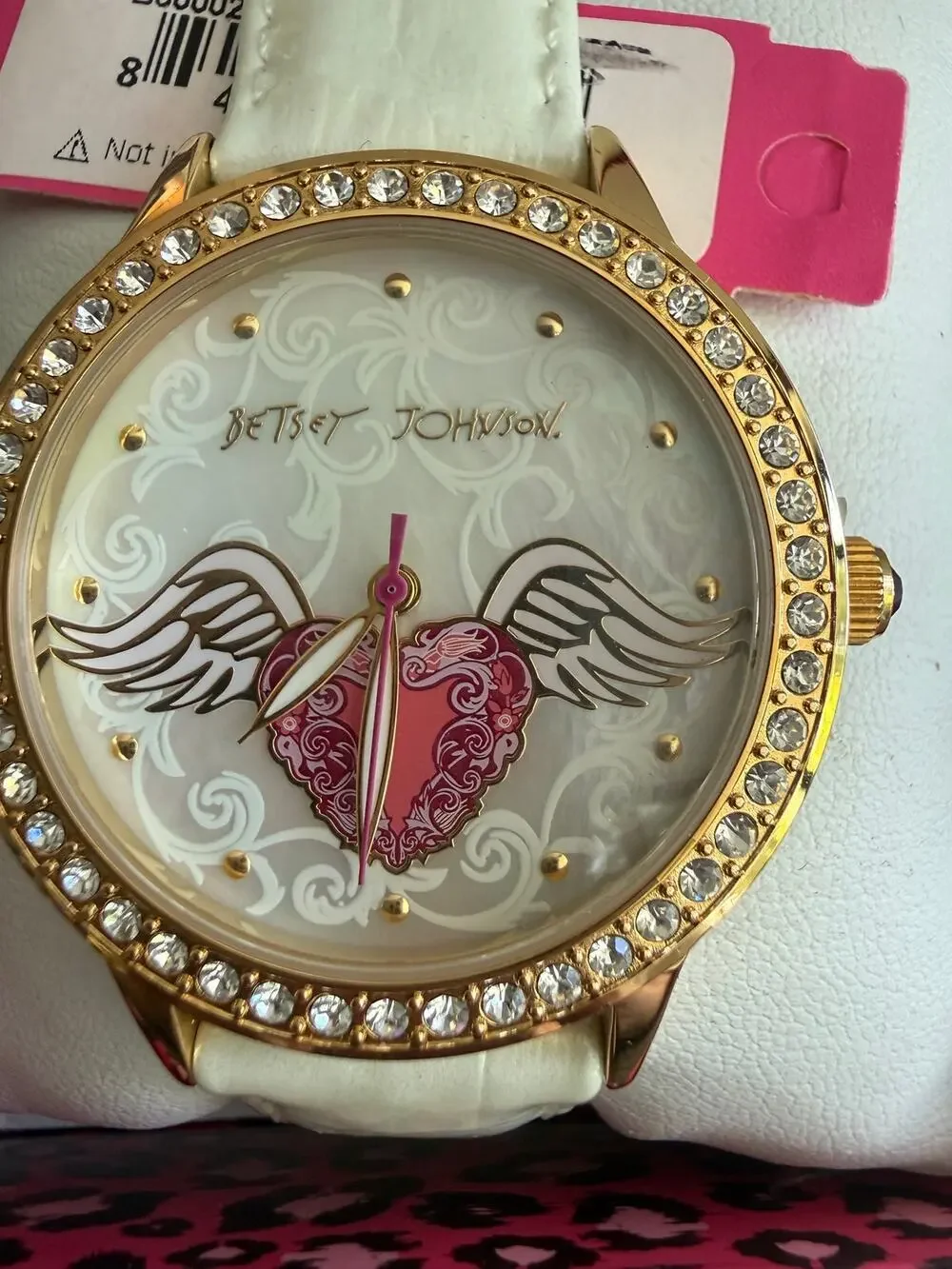 Betsey Johnson Winged Heart Women’s Wrist Watch Pearl tone  Sparkle Trim NIB